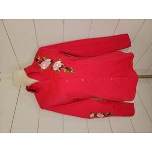 Harold's medium pink with pink floral embroidery blouse